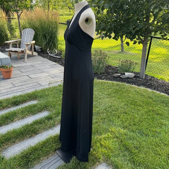 Vintage 70s Maxi Dress Black V-Neck Empire Waist Witchy Halter Gown - Picture 6 of 13